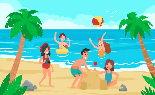 海滩海边沙滩日光浴游泳的孩子快乐儿童人们在玩耍卡通矢人物矢量