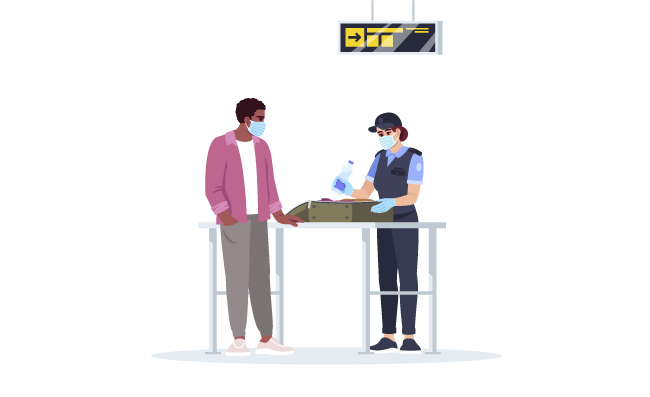 行李认领检查疫情期间检查机场乘客漫画人物矢量图