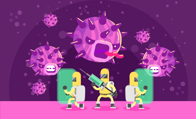 和细菌病毒对抗的卡通人物插图素材