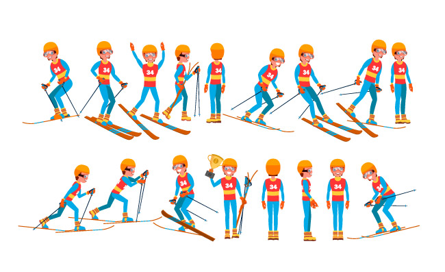 滑雪冬季运动会参加运动员漫画人物卡通插图