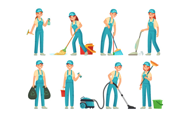 环保清洁工作者服务人员男性女性清洁员矢量扁平人物
