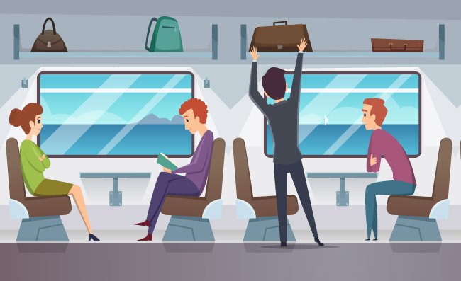 火车内部地铁运输火车旅行卡通公共交通列车内的人矢量卡通插画