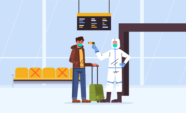 机场车站体温检测防疫人员和旅客推着行李箱的乘客人物素材