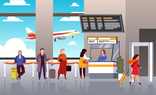 机场登机乘客旅客工作人员保持安全社交距离的旅客矢量素材