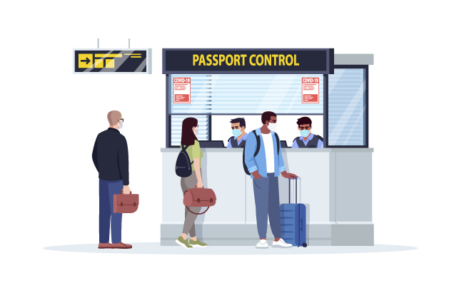 机场工作人员千图网航站楼登记台护照控制戴着口罩的卡通飞机乘客和工作人员
