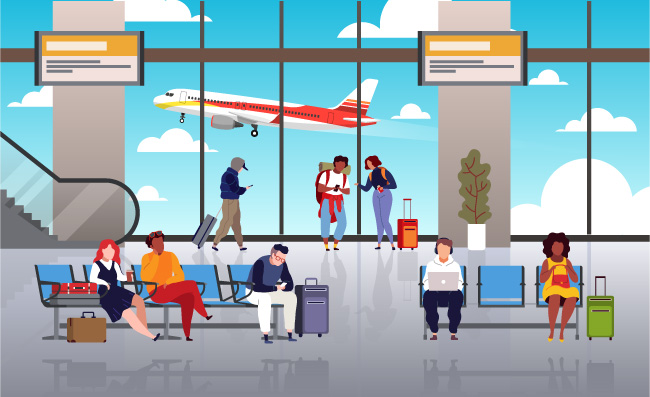 机场航站楼人们旅行旅行行李大厅等待飞机矢量游客矢量图片