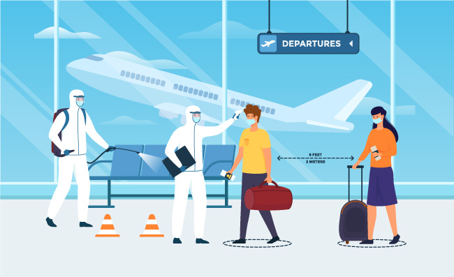 机场监测乘客旅客体温工作人员防护服图保持安全社交距离的旅客矢量素材