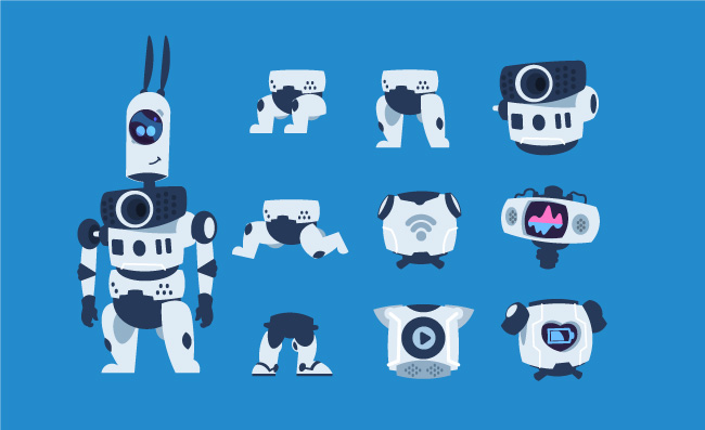 机器人卡通元素不同姿势机器构造动画角色矢量图片