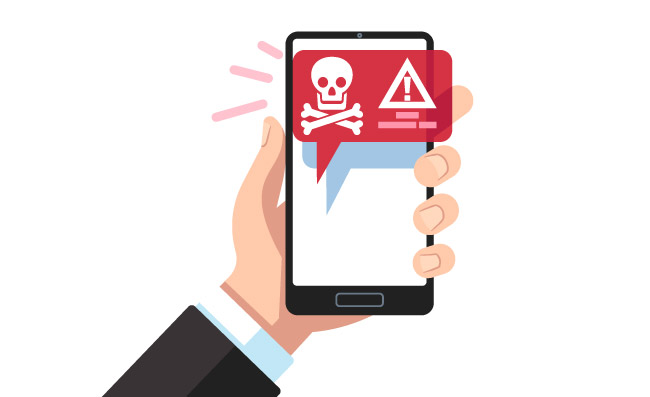 智能手机危险的黑客警报消息病毒通知垃圾邮件攻击恶意软件骗局应用程序错误消息矢量图片