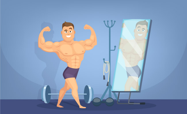 肌肉健美运动员在镜子前摆姿势卡通向量人物素材