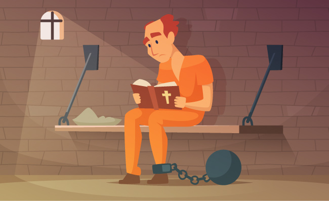 监狱里的囚犯坐在牢房里的强盗犯罪人在看书圣经人物场景素材