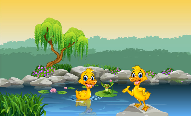 池塘里的鸭子动物风景素材