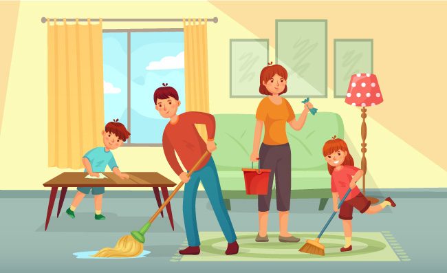 家庭打扫父亲母亲和孩子一起打扫客厅做家务素材