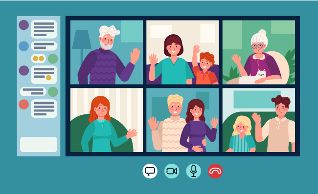 家庭视频聊天父母子女网络聊天在线视频通话老年人互联网对话矢量素材