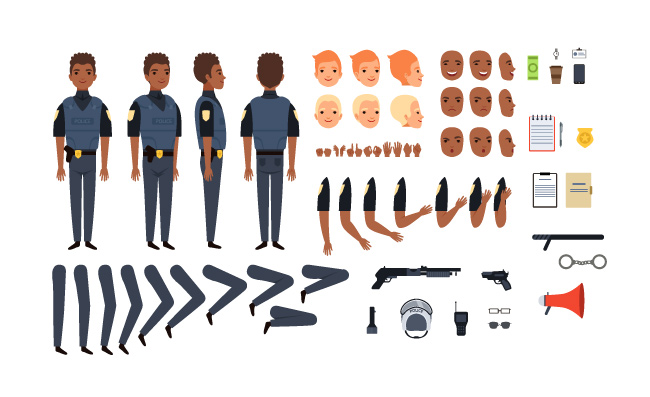 警察角色姿势制服专业服装工具矢量卡通警察人物