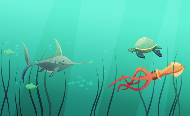 海底卡通生物巨型鲨鱼章鱼海龟矢量插图