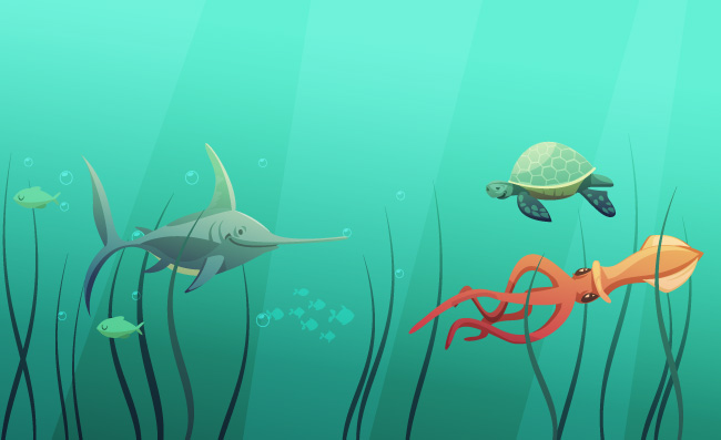 海底卡通生物巨型鲨鱼章鱼海龟矢量插图