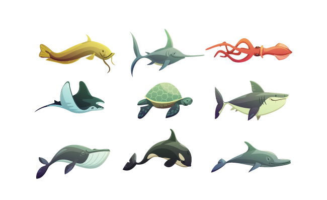 海洋动物卡通复古鲨鱼乌贼箭鱼鱿鱼矢量图