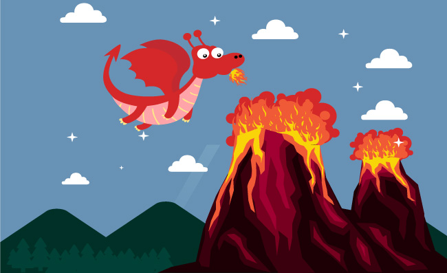 火山插画矢量小火龙动物卡通素材