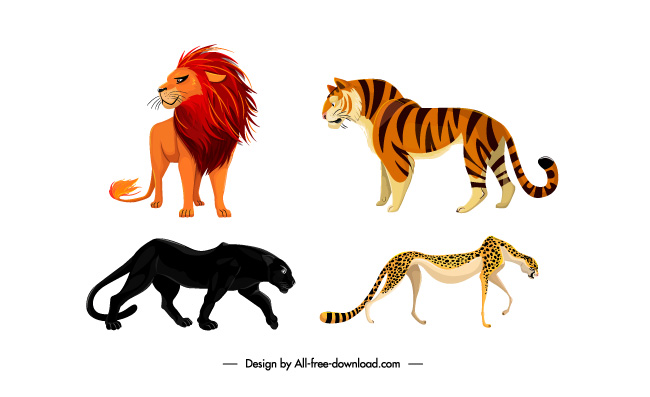 精美狮子老虎豹子插画动物矢量卡通素材