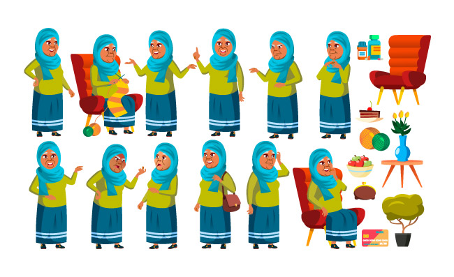 卡通插图阿拉伯穆斯林老妇人姿势设置矢量老人人物素材