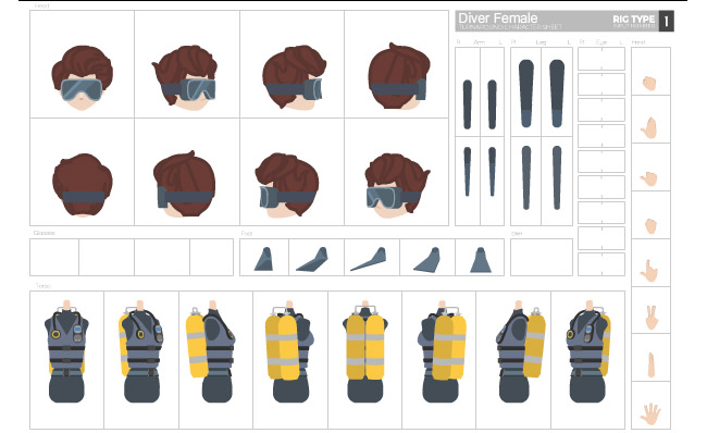 潜水运动员卡通动漫形象多视图素材