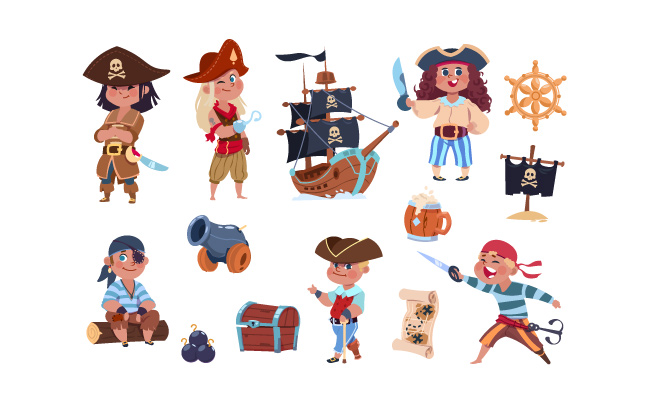 卡通海盗船长水手船藏宝图矢量集合海盗儿童矢量元素