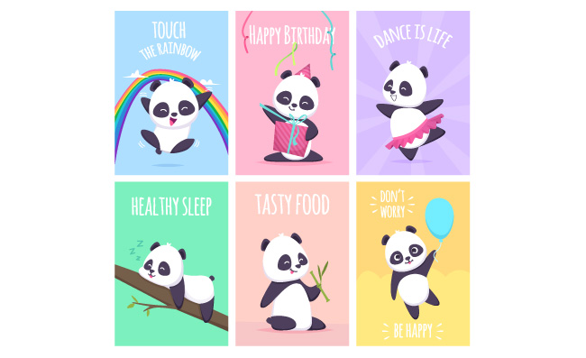 可爱的熊猫卡牌矢量插图