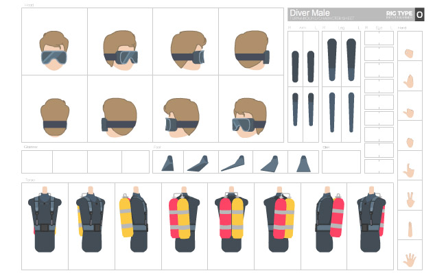 潜水运动服装道具卡通动漫人物造型分解图