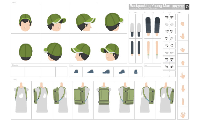 卡通动漫男孩背包客形象人设分解图素材
