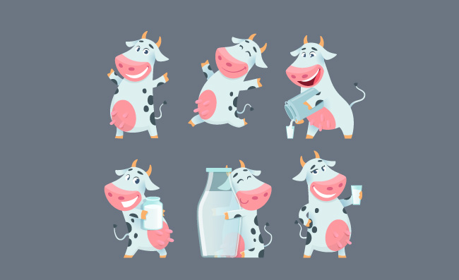 可爱农场牛奶动物各种动作矢量插图