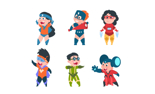 可爱的男孩和女孩超人服装超级英雄矢量人物图片