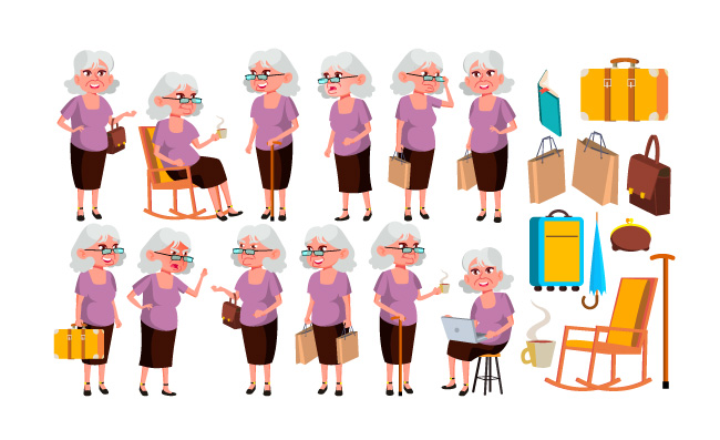 可爱的退休人员老妇人矢量老人资深人士卡通插图