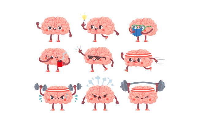快乐的大脑不同的姿势和情绪卡通拟人形象吉祥物矢量集