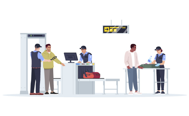 旅客乘客客运站火车站机场安检行李检查工作人员漫画插图