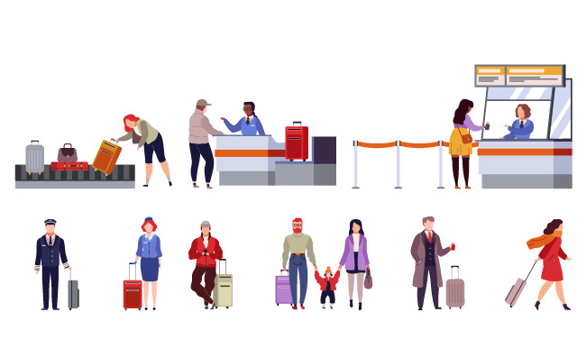 旅行家庭成员机场检查站安全检查登记行李矢量人物 素材