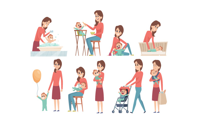 妈妈照顾宝宝的一天正常活动矢量插图人物素材