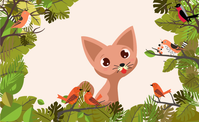 森林里的小猫咪小鸟动物素材插画