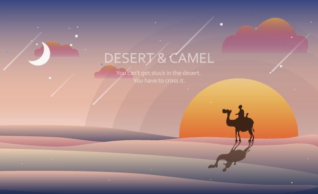 沙漠骆驼月夜矢量插画