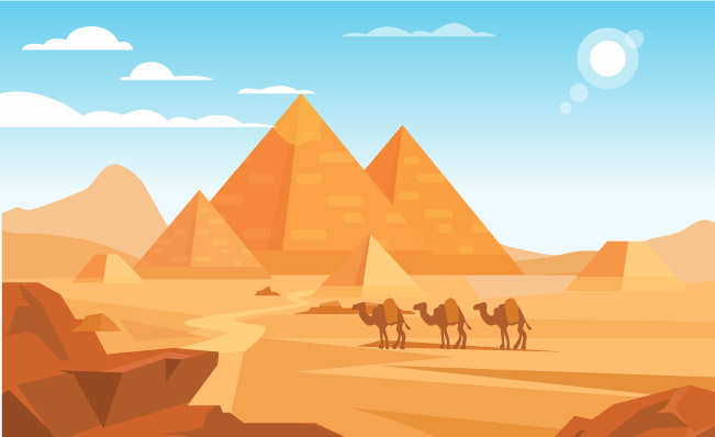 沙漠中的金字塔埃及风景骆驼商队非洲自然风景动物和沙丘矢量插图