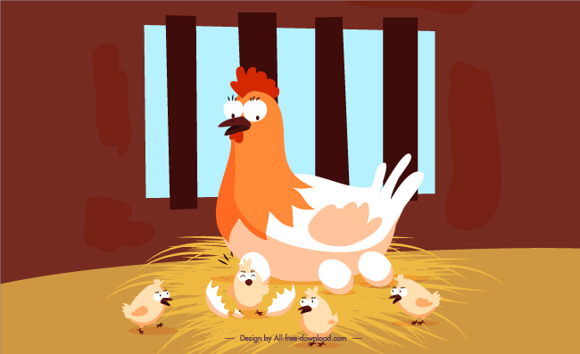 矢量母鸡小鸡插画动物素材