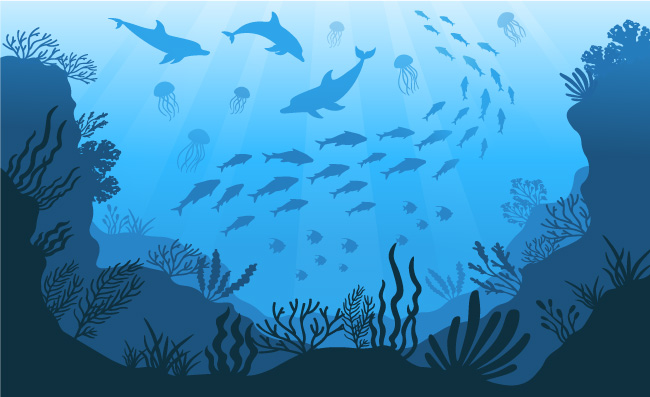 水下海洋动物深海植物鱼类海藻珊瑚卡通矢量背景图