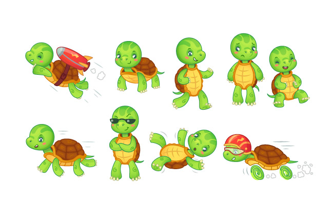 乌龟卡通拟人各种动作矢量插图集