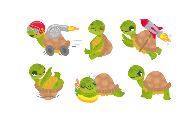 乌龟可爱海龟吉祥物矢量插图集