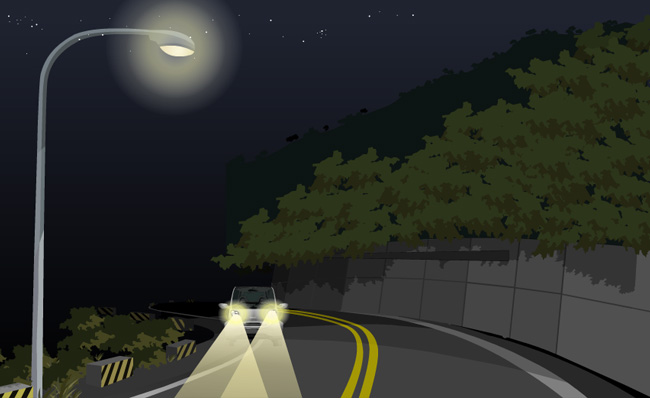 夜晚山路路灯下行驶的车辆动漫背景