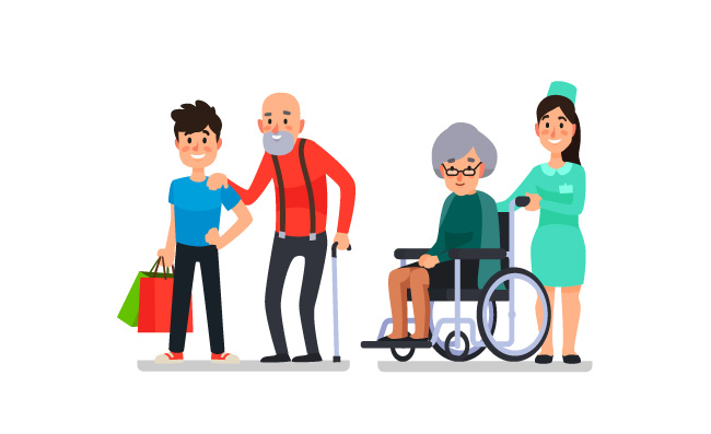 帮助老年人志愿者社区工作者轮椅上的患者护士矢量人物