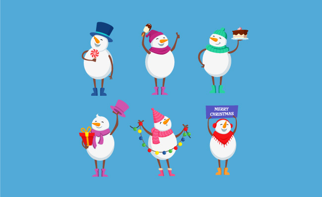 不同动作姿势圣诞节快乐可爱冬季人物雪人卡通插图
