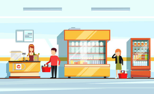 超市内部商品柜台排队结帐保持安全距离插图矢量