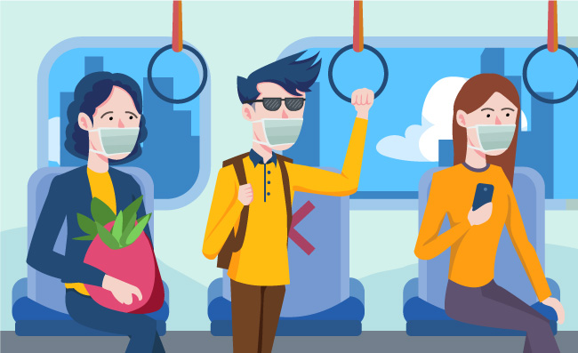 乘坐公共交通佩戴口罩人物素材矢量