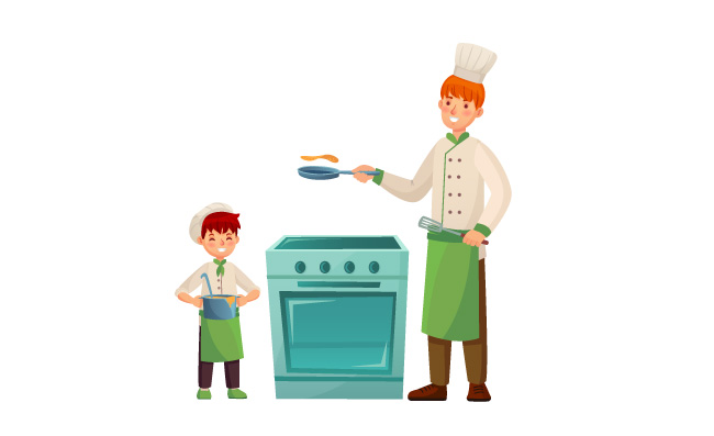 厨师爸爸和孩子烘烤烹饪食物矢量图